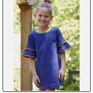 Girls Matilda Jane Blue Ruffle Sleeve Dress with Rainbow Trim